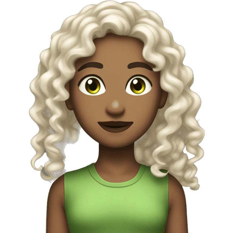 long curly hair,eyes with a hint of green, eyes positive  canthal tilt ,medium thick shaped eyebrows , and medium thin lips, round face shape, soft jawline, full body, teen, sensual, american emoji