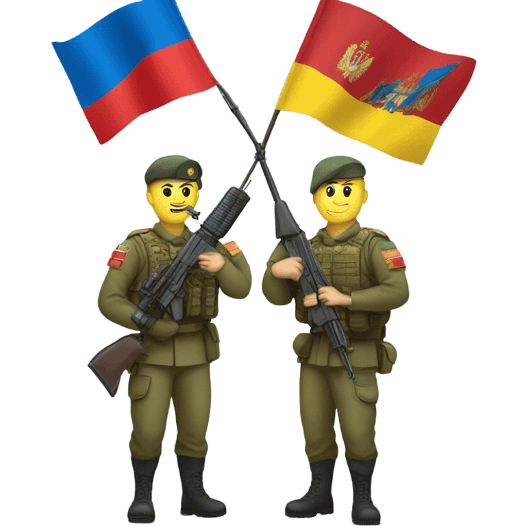 a soldier who holds the Russian flag in one hand and the Ukrainian flag in the other emoji