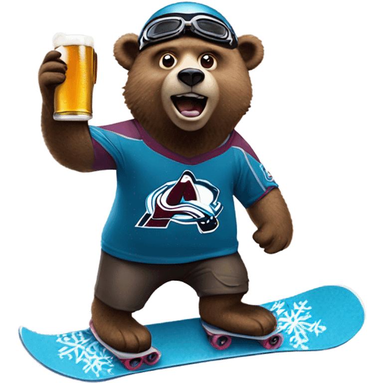 snowboard bear wearing helmet and goggles, colorado avalanche jersey doing insane tricks while holding a beer emoji