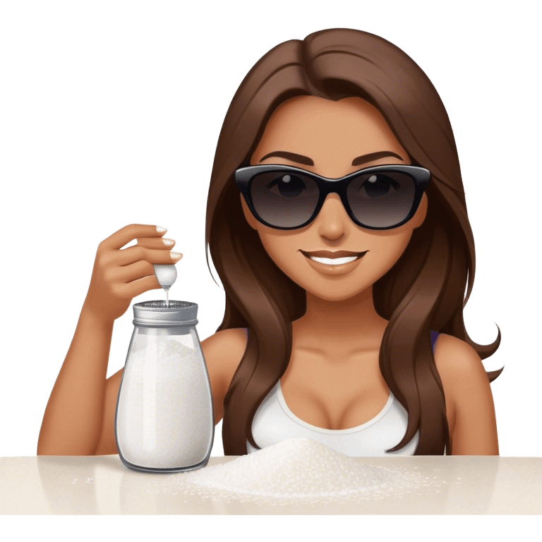 sassy woman with long brown hair, tan skin, and dark sunglasses holding a salt shaker filled with white table salt. She is sprinkling the salt out from the shaker with a smirking expression emoji