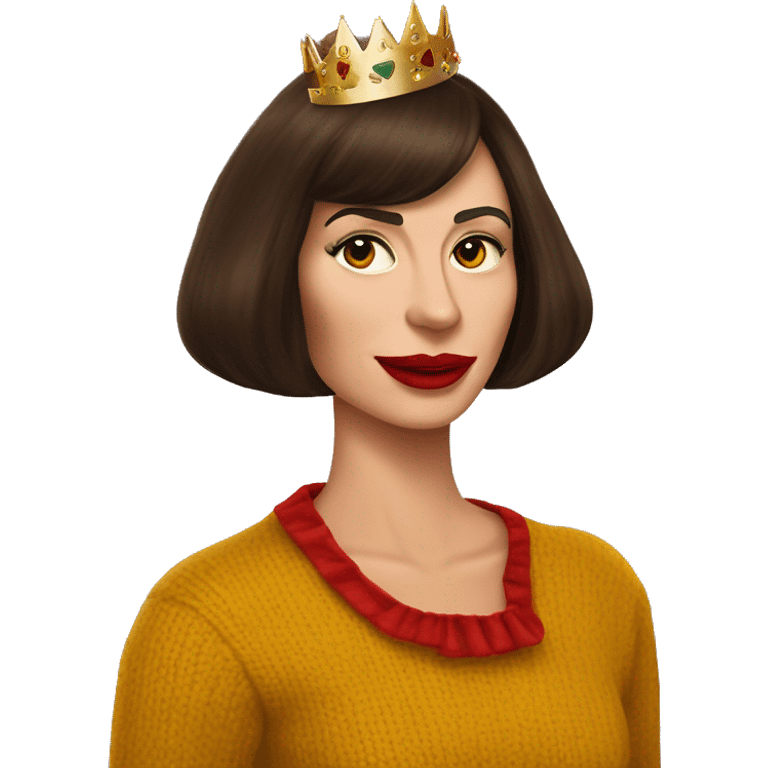  She has red lipstick with a closed mouth smirk holding a martini in one hand White English woman with very long dark brown hair and face framing layered bangs dressed in a mustard yellow sweater with birthday crown and negroni in hand emoji