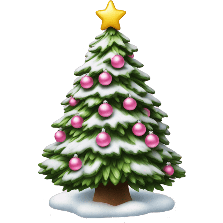 Christmas tree with snow on it and pink ordainments  emoji