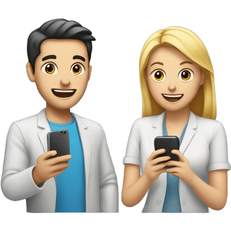 two friends talking on smartphone showing charts emoji