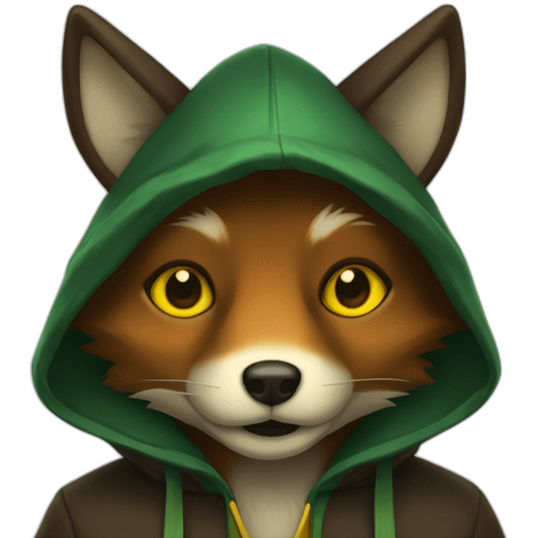 small dark brown fox with yellow eyes and a dark green hood emoji