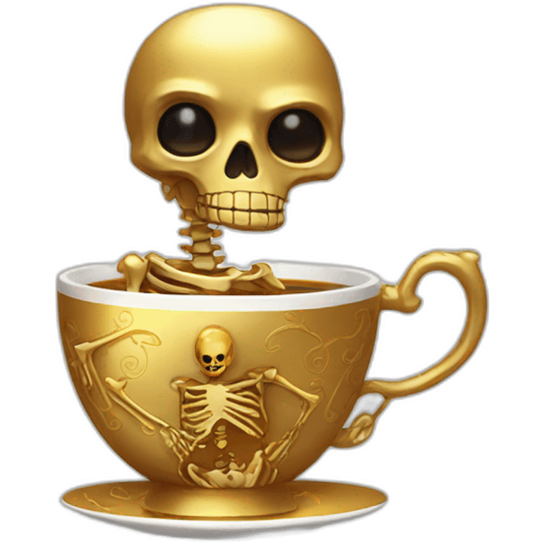 a golden skeleton with hair and golden eyes drinking tea emoji