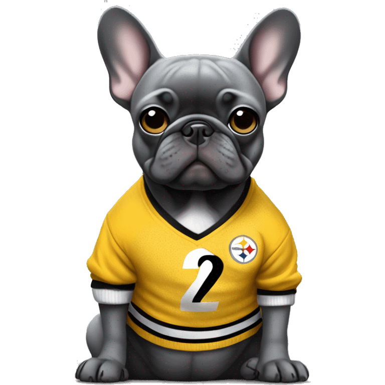 Full body Grey frenchie wearing a Pittsburgh Steelers sweater emoji