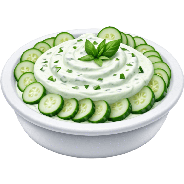 Cinematic Realistic Tzatziki Dish Emoji, featuring a creamy, tangy yogurt sauce with cucumber and herbs rendered with soft textures and cool, refreshing lighting. emoji