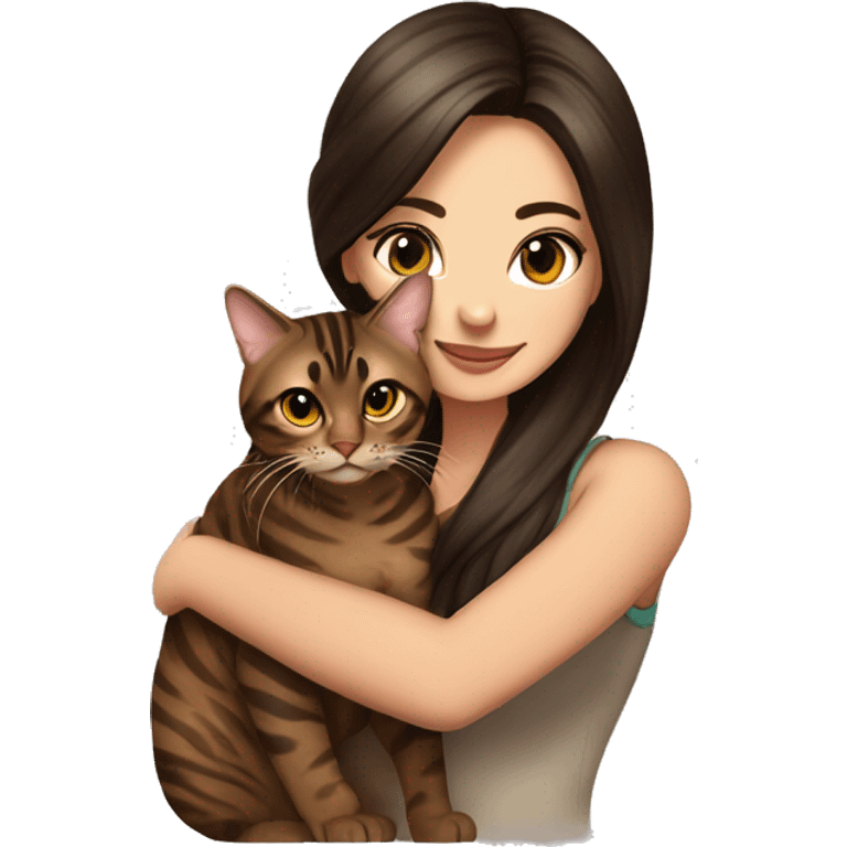 Beautiful woman long dark brown hair hug bengal cat emoji