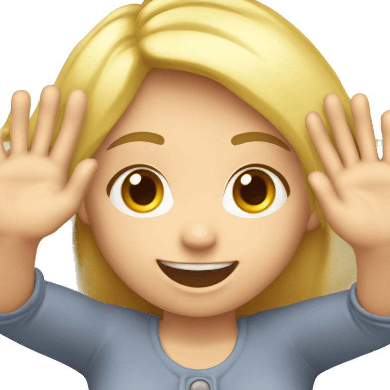 Blonde Girl with both hands high up in the air. Happy, frontal view above waist only. Enjoying. Open hands showing palm emoji