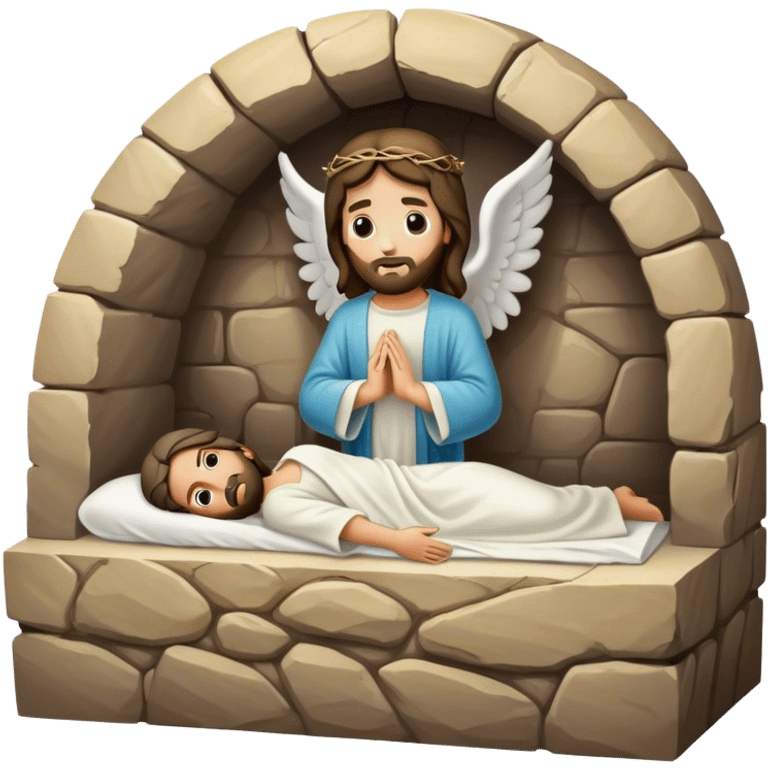 cave tomb with stone rolled to the side, Jesus’ empty tomb with angel inside  emoji