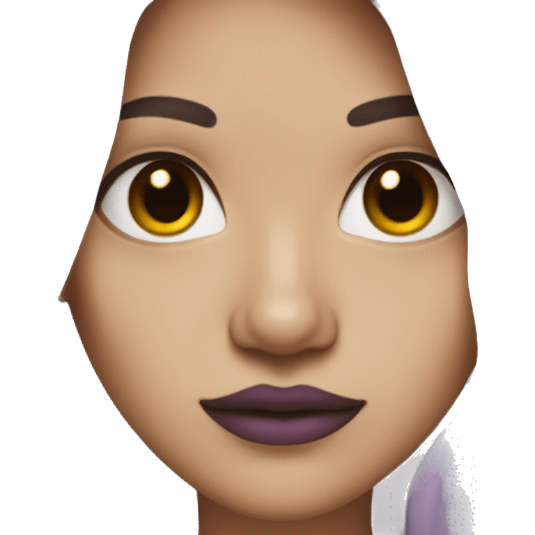 Woman with long dark hair, brown eyes, purple lips emoji