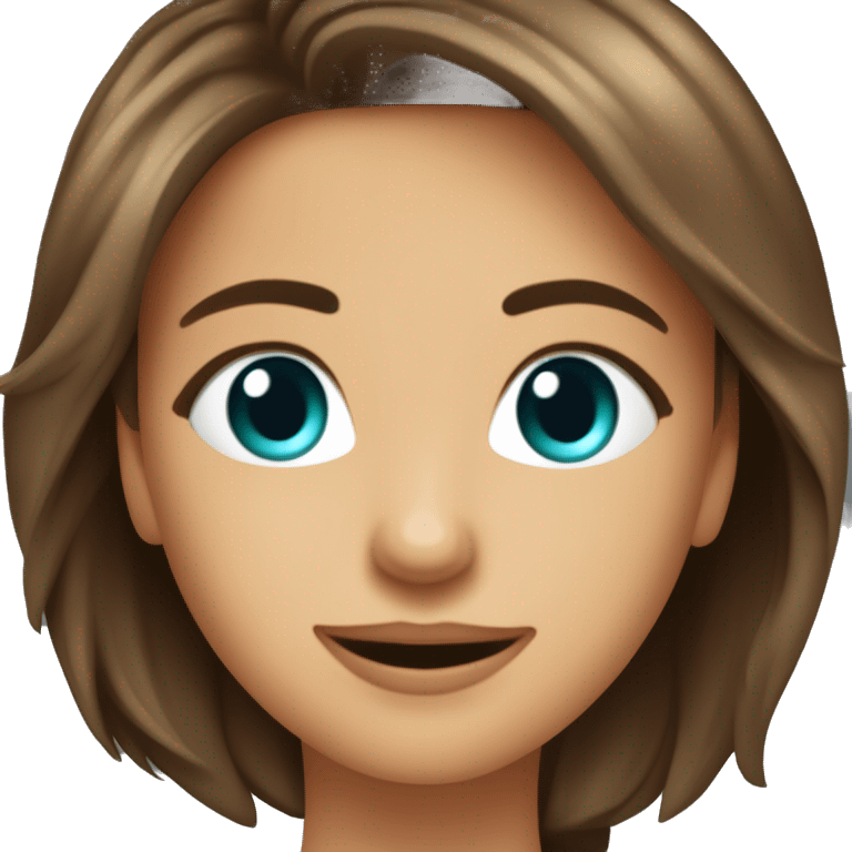 Une charmante dame avec des cheveux bruns legerement boucles jusqu'au epaules, des yeux verts, un regard timide, un beau sourire, et un masque medical bleu sur le visage emoji