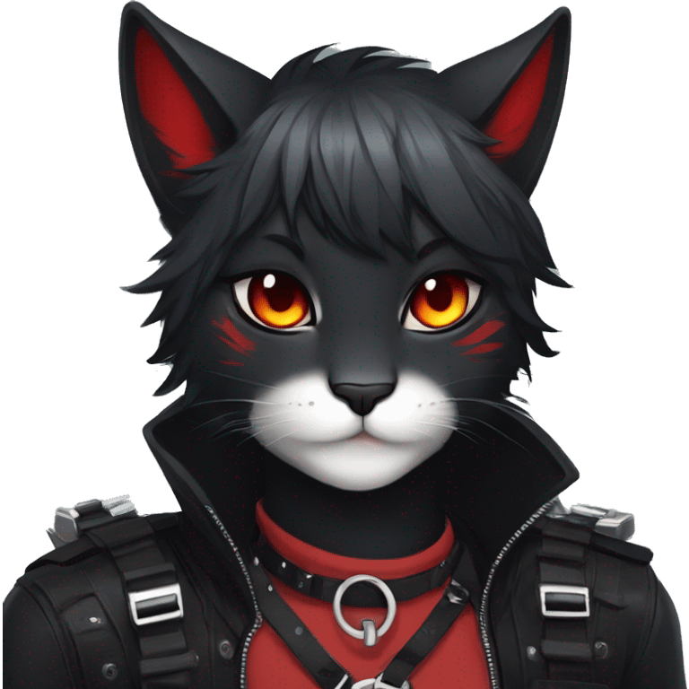 Anthro Edgy Cool Beautiful Black Cat-Fursona with Emo Hair-bangs with Red Streaks Chest Harness emoji