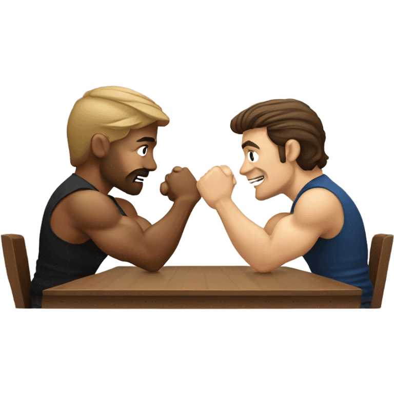 Two men armwrestling sit in front of a table. White men. Brown hair  emoji