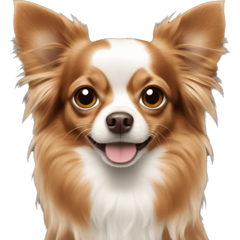 Long haired reddish brown chihuahua with white spots playing emoji