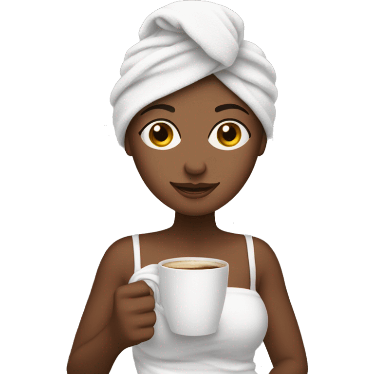 Brunette with a towel on her head and coffee in her hands emoji