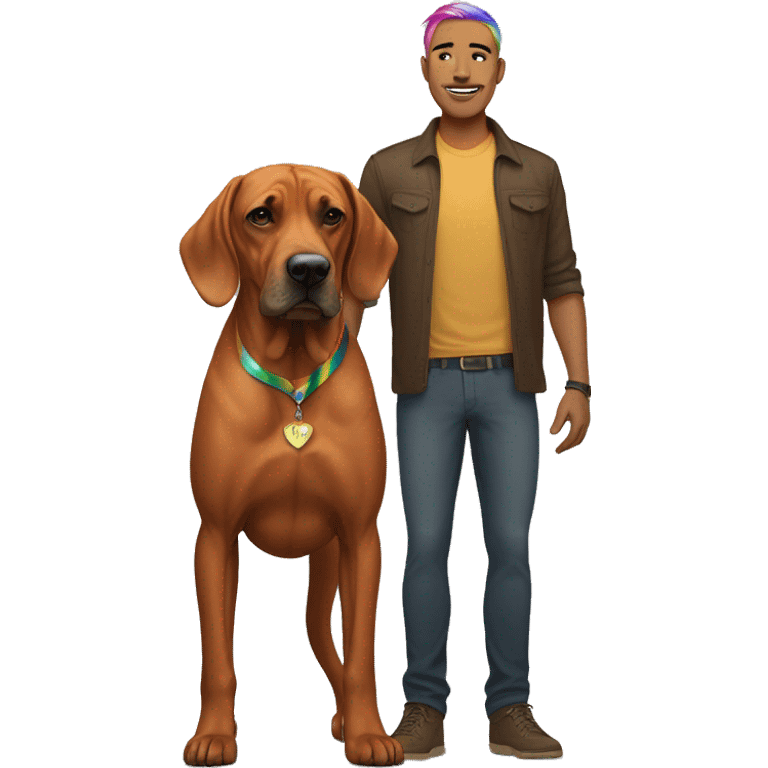 white male with long rainbow colored hair standing alongside a brown rhodesian ridgeback emoji