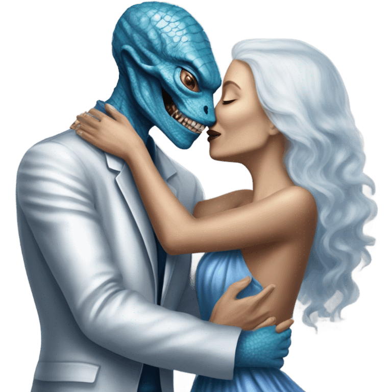 White man in blue dress  hugs and kissing Alien reptilian woman in silver dress  emoji