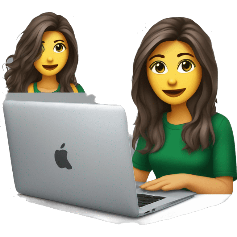 woman; 30's; white skin; dark green eyes; long thick hair parted in the middle; brown hair with gray strands on top; cut in layers shaggy style; wearing a T-shirt; working on a macbook emoji