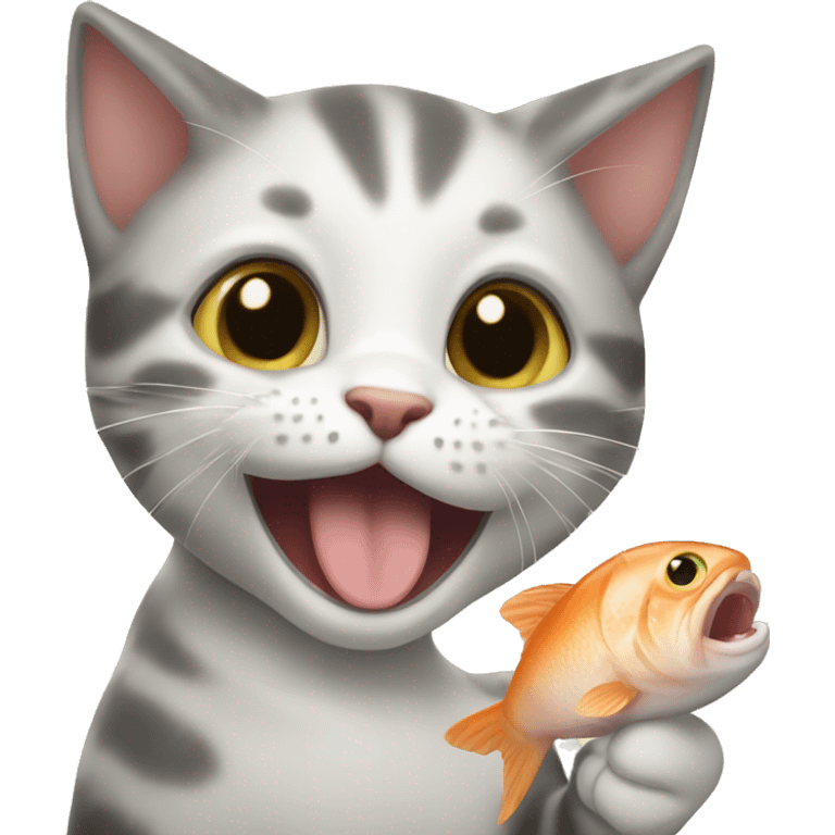 Smiling kitten eating fish emoji