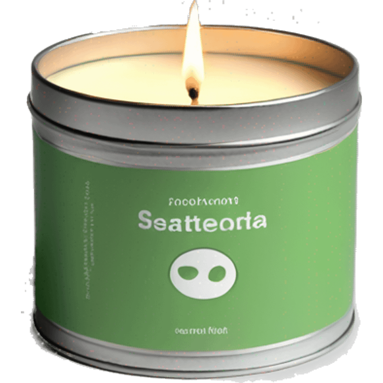 lit matcha scented candle in a silver tin with a small white label realistic emoji