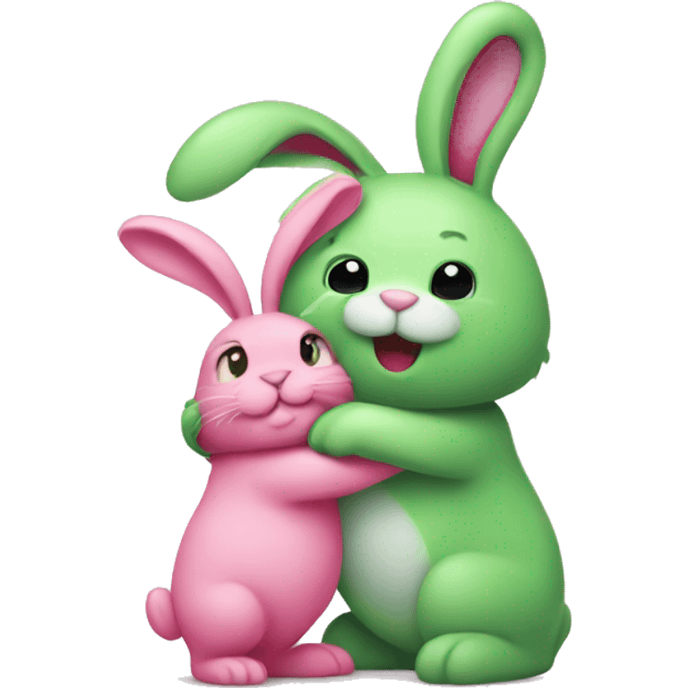 Green bunny hugging pink bunny emoji