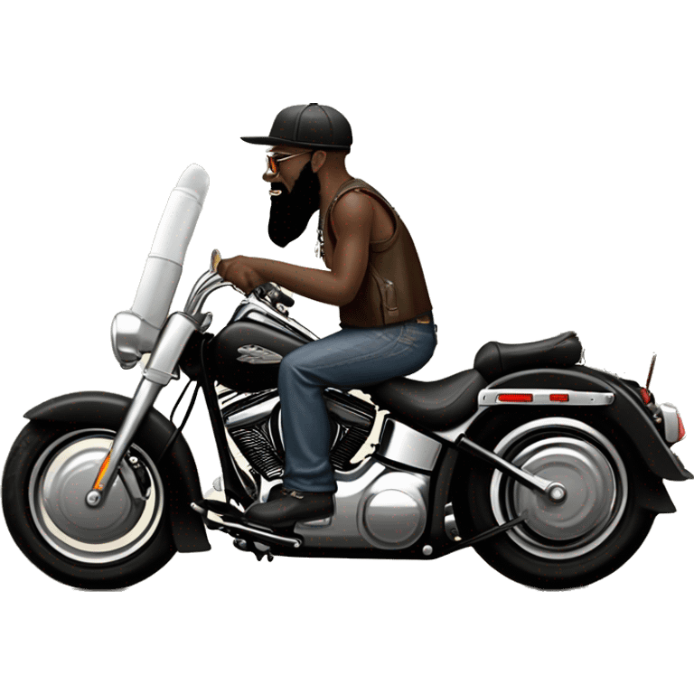 Black heritage softail with front jammer and leather saddle bags and lots of chrome and ape hangers and a long bearded guy with ball cap riding it on a country road emoji