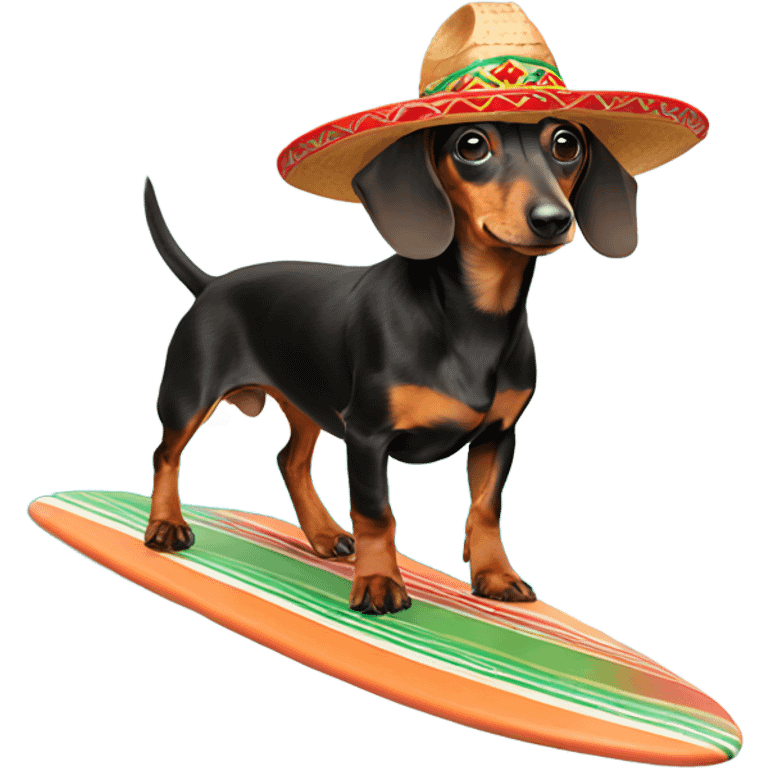 Dachshund surfing with a Mexican hat  emoji