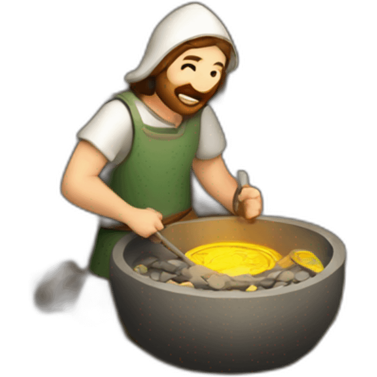 inside of a medieval mint showing different people working creating coins with a furnace emoji