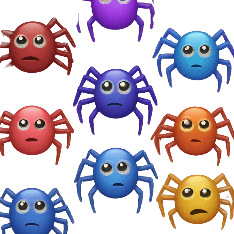 Seven spiders, their colors are red, orange, yellow, blue, purple, pink emoji