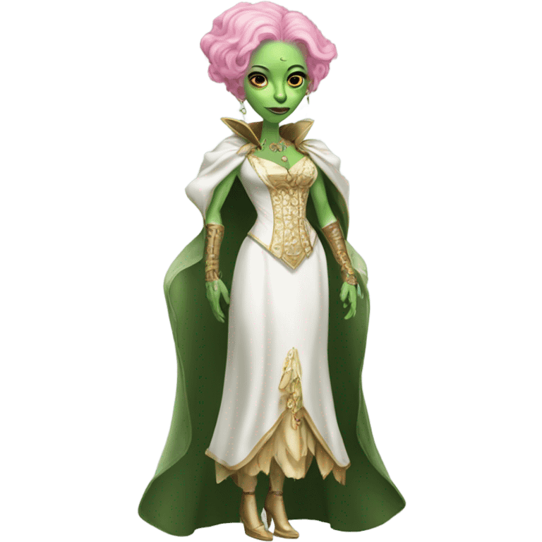 a green amazon alien woman in Victorian white gold, pink hair full body  emoji