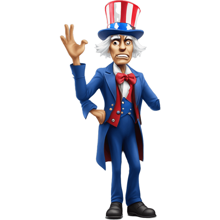 Uncle Sam with pitiful eyes holds a sign at full height waist photorealistic serious emoji