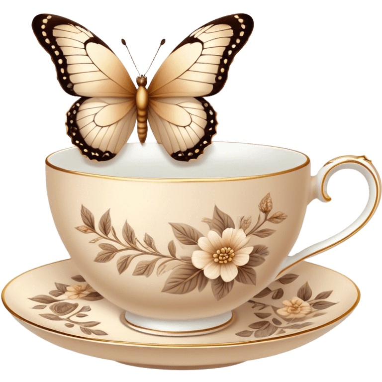 A delicate butterfly with pastel beige  wings, resting on the edge of a perl porcelain teacup adorned with intricate brown floral patterns. emoji