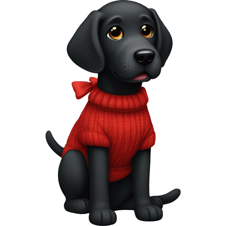 Black labrador with a long curly fur in a red sweater and bow emoji