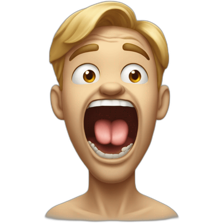 A guy with his tounge at the roof of his mouth with his mouth open, and his hand pointing at his jaw and he is mewing emoji