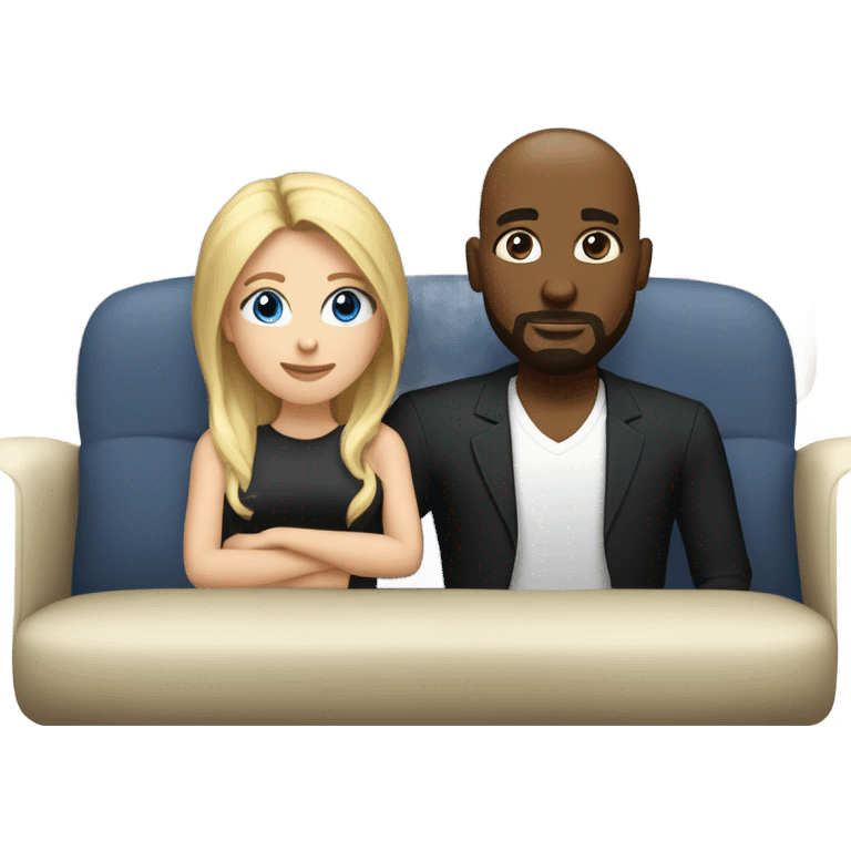 Blonde woman with blue eyes and long straight hair and black man who is bald with a goatee seated together on a sofa with their arms around each other.   emoji