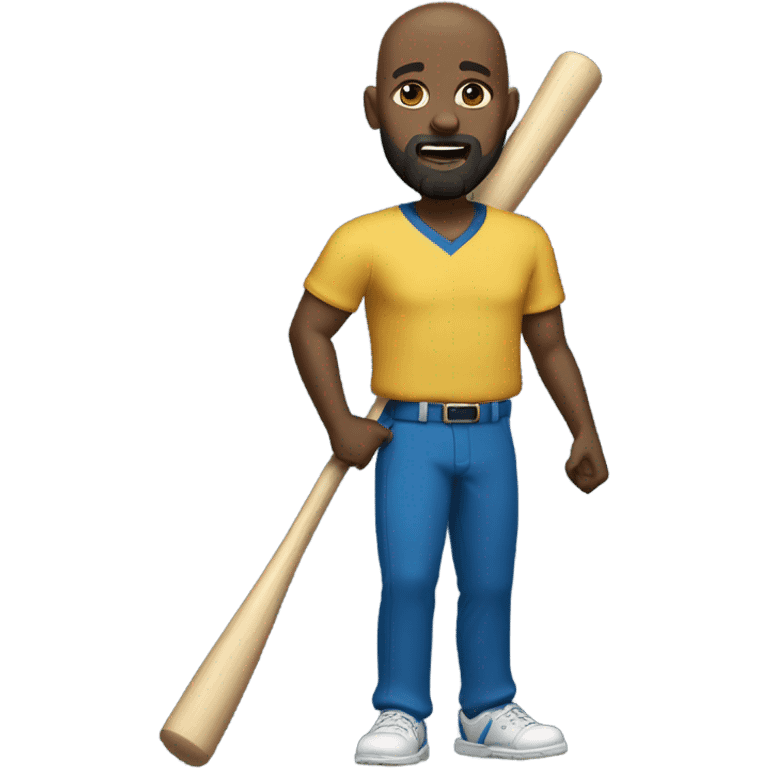 A bald black man dressed in gold shirt and blue pants with a beard and goatee in dark shades with a baseball bat. emoji