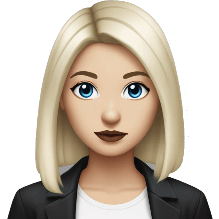 waist-length portrait, Slavic adult woman, goth eyes makeup, blue eyes, medium bob black-to-blonde ombre straight hair, white T-shirt and black office jacket. emoji