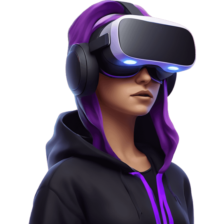 Russian girl wearing black hoody with violet letters "OMG", in vr headset oculus quest2. Standing like jedi. Cyberpunk style. Violet neon. emoji