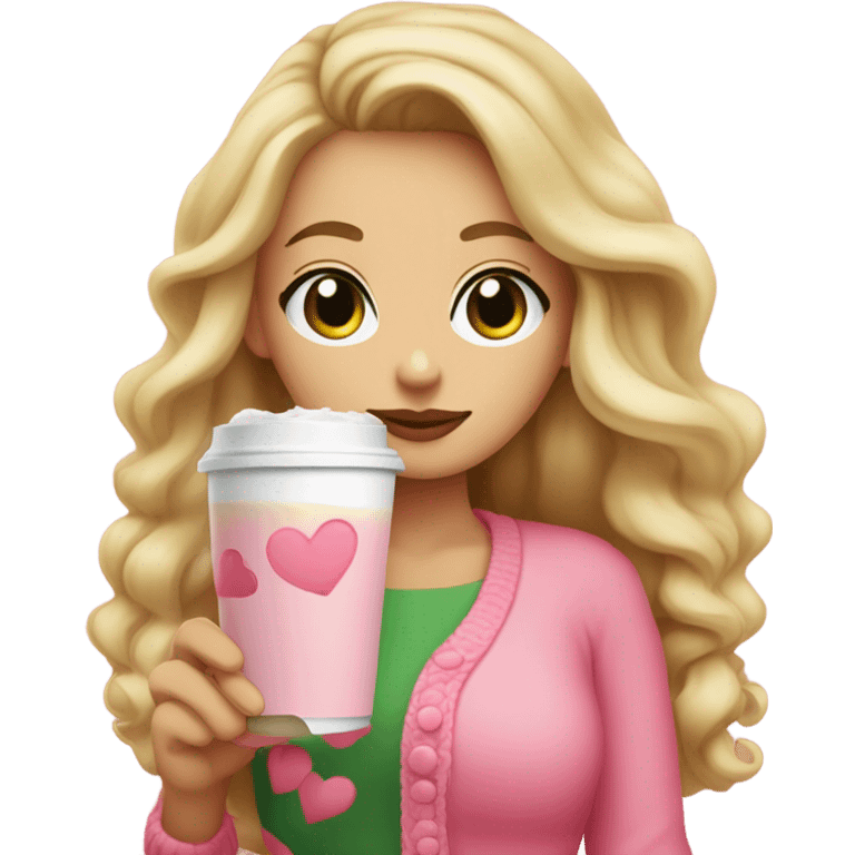 woman with green eyes and long curled blonde hair with a pink bow in her hair, wearing a pink cardigan with a red hearts and she is holding an iced coffee emoji