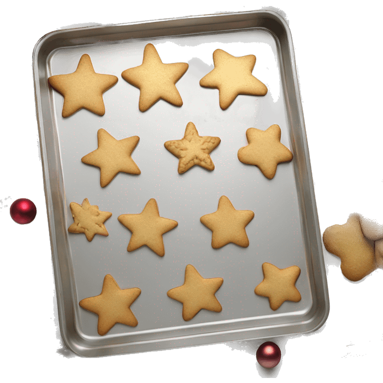 Realistic flat gold cookie baking sheet pan , with christmas cookies arranged on it fresh from the oven. emoji