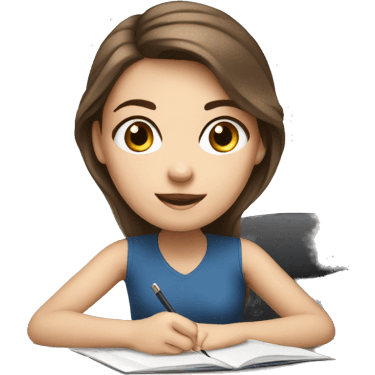 white girl studying at desk, brown hair, blue eyes, computer emoji