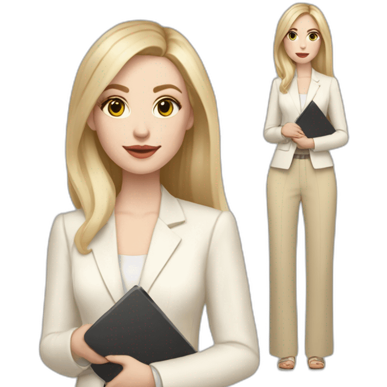 Full height pale skin woman with blonde Straightened Hair to shoulders, White classical jacket, beige Palazzo pants holding a color palette in the hands emoji