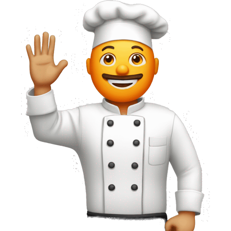 Bald man with an orange beard dressed as a chef raises his hand in the air emoji