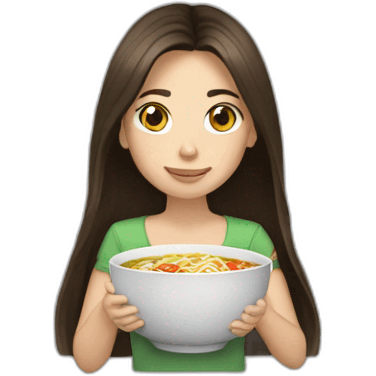 brunette with long hair eating ramen bowl emoji