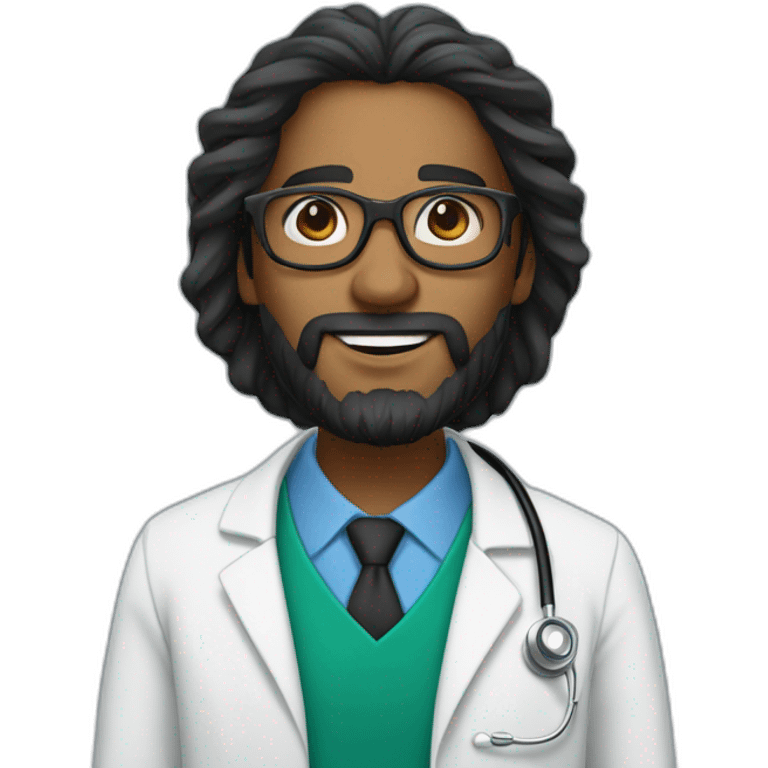 Dark-skinned Mauritian doctor with long black tousled hair with a circular beard and black glasses emoji