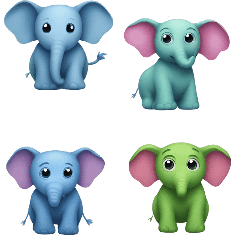 A blue elephant and a pink elephant and a green owl emoji