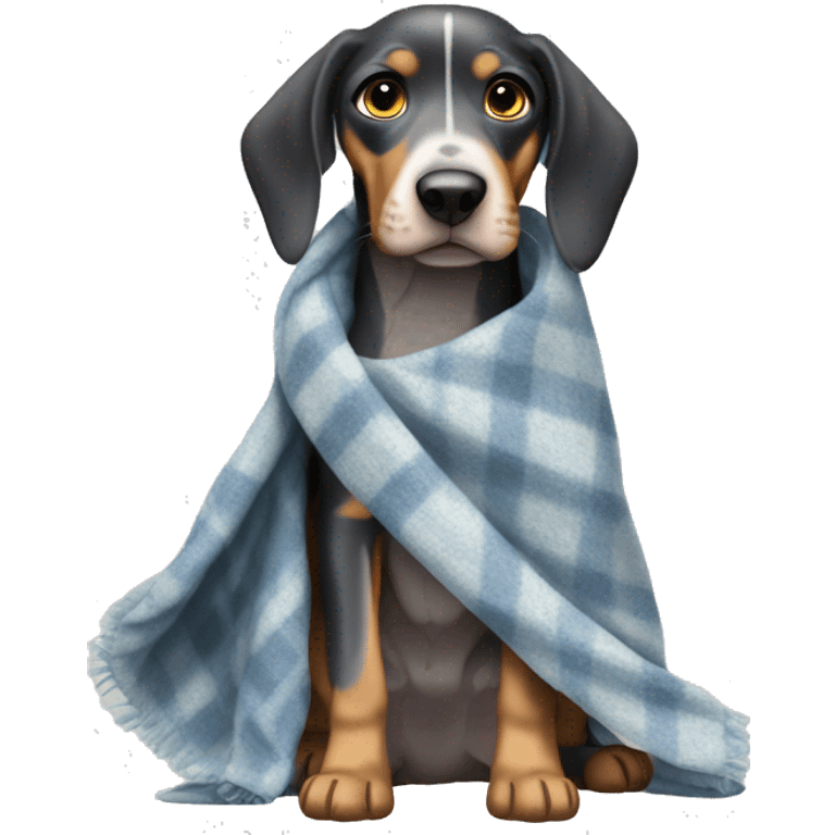 Miniature bluetick hound with a blanket emoji