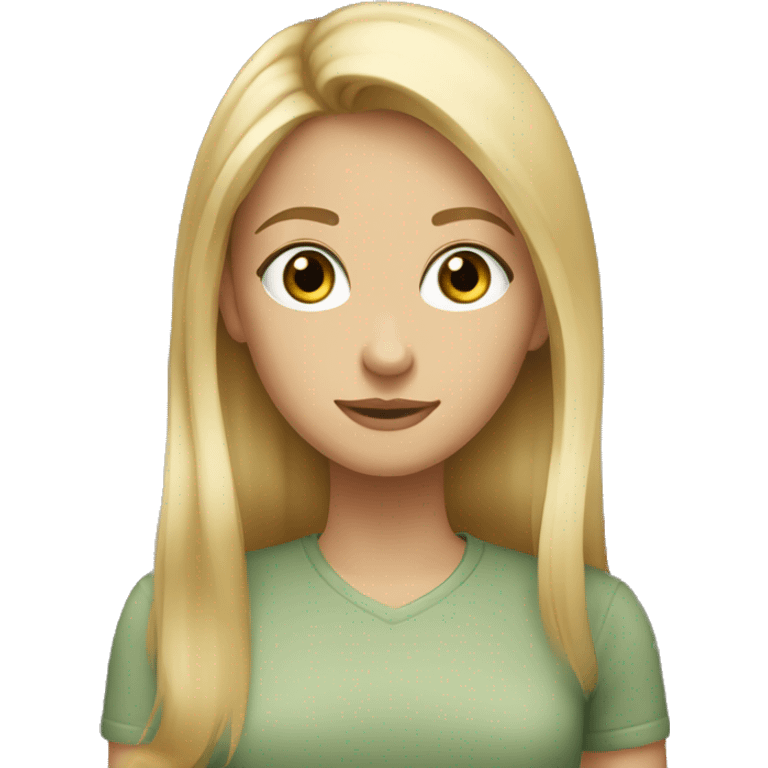 girl with long blonde hair, hazel eyes, long eyelashes, wearing a sage green shirt emoji