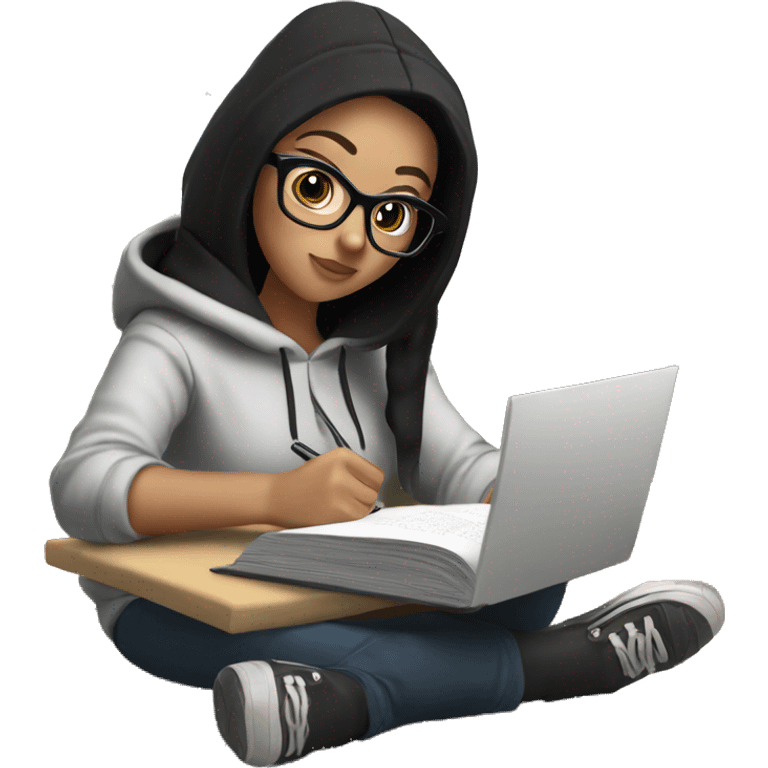 a white girl with black hair in a hoodie and glasses sitting at kitchen table studying emoji